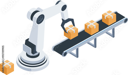 Isometric industrial robotic arm packing boxes on conveyor belt, automated factory production line logistics packaging technology illustration