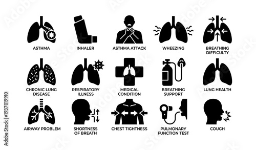 Lung health icons: asthma, inhaler, pulmonary conditions, breathing support