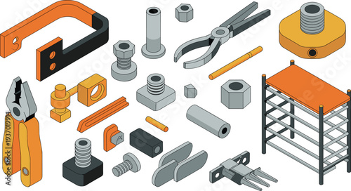 Isometric mechanical tools and industrial hardware set with pliers bolts brackets fasteners and engineering components technical illustration collection