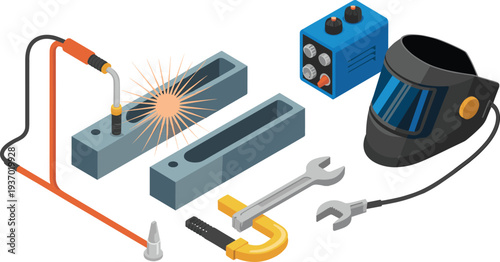 Isometric welding equipment and metalworking tools with welding machine torch helmet steel beams and industrial fabrication illustration