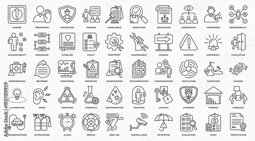 work safety icon set collection in outline style. an icon pack contain safety, hazard, protection, first aid, danger, warning, training, regulation, prevention. Simple Vector Illustration.