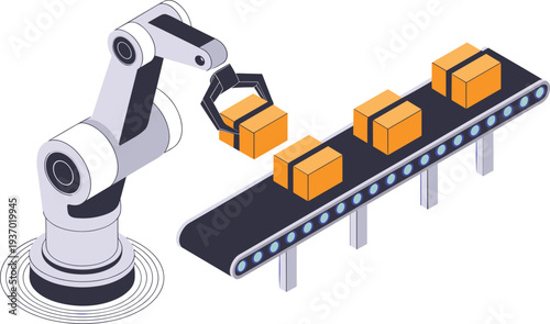 Isometric robotic arm packing boxes on conveyor belt, automated factory production line logistics packaging industrial automation illustration