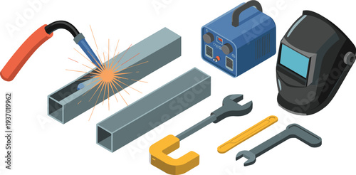 Isometric welding equipment set with welding machine torch metal beams helmet and tools industrial metalworking illustration