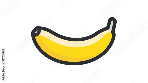 A ripe, yellow banana with a black outline, a light pink tip and a white background
