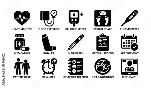 Healthcare technology icons: heart monitor, glucose meter, telehealth, and more