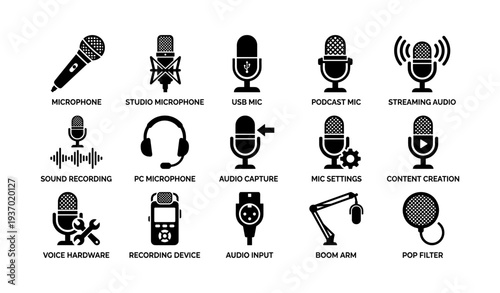 Diverse microphone icons for audio recording and streaming essentials