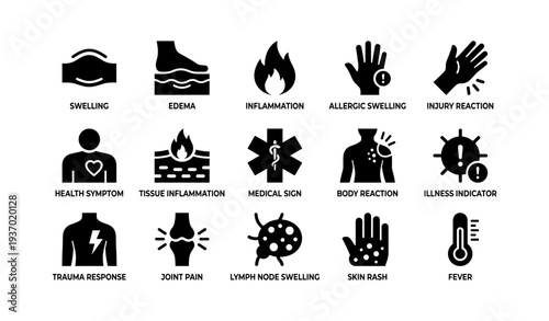 Medical icon set: inflammation, swelling, and health reactions