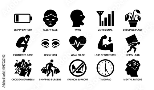 Icons depicting fatigue and stress with sleepy faces and energy loss