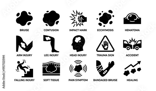 Injury icons: bruise, contusion, impact, arm, leg, head, trauma, accident, healing