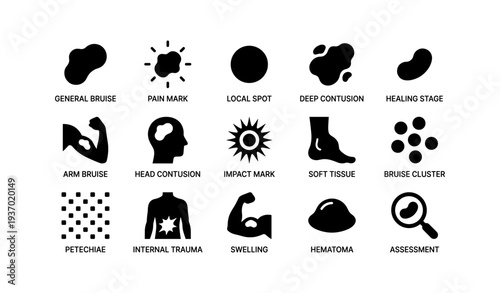 Silhouette icons: bruises, contusions, internal trauma, swelling, assessment
