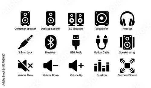 Audio equipment icons: speakers, headphones, and cables