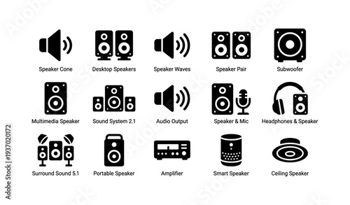 Set of speaker and audio equipment icons for multimedia and sound systems