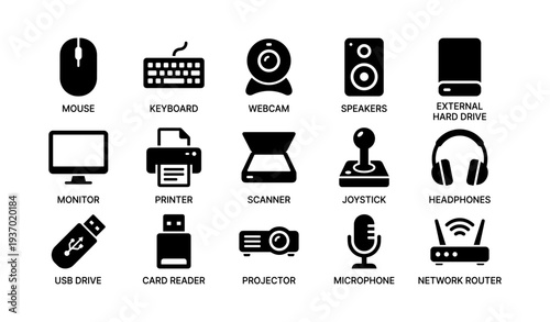 Computer peripheral icons: mouse, keyboard, webcam, speakers, more