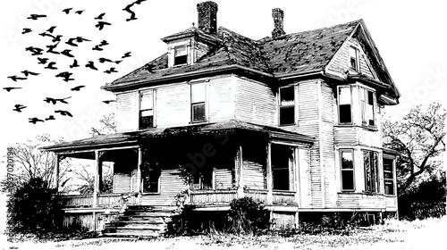 A detailed black and white illustration of an old, abandoned house with flying birds in the sky