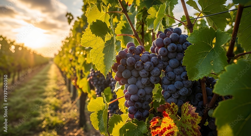 Naklejka premium Ripe Purple Grapes Hanging From Vineyard at Sunset