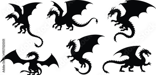 Dragon silhouette collection with flying mythical creatures, fantasy winged beasts, medieval monster characters, black dragon vector illustration set