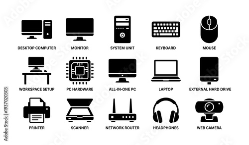 Icons of essential technology devices for modern workspaces