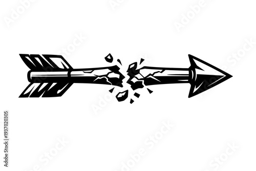Dynamic black & white vector illustration depicting a powerful arrow sharply broken into numerous pieces at its midsection, symbolizing disruption, resilience, and overcoming challenges. An impactful