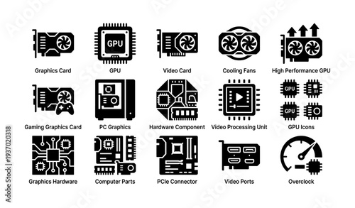 Set of icons depicting various graphics card components and features
