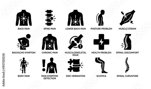Icons illustrating human musculoskeletal issues and symptoms