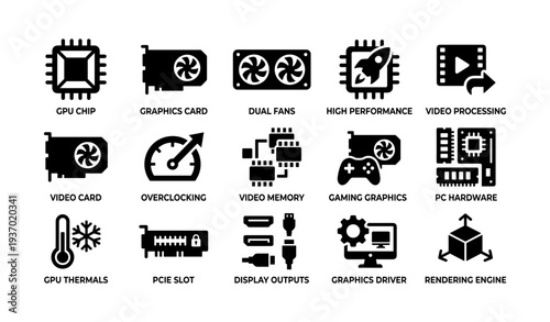 Icons representing gpu chip, graphics card, dual fans, video memory, gaming graphics