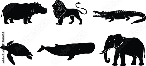 Silhouettes of diverse animals including hippopotamus, lion, crocodile, sea turtle, whale, and elephant for wildlife design and illustration reference