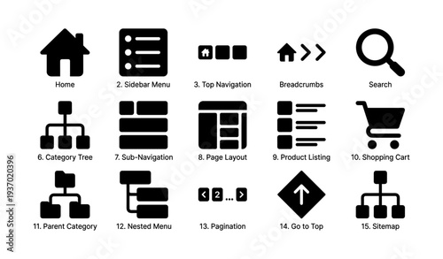 Website icons set: navigation, search, shopping, layout, sitemap