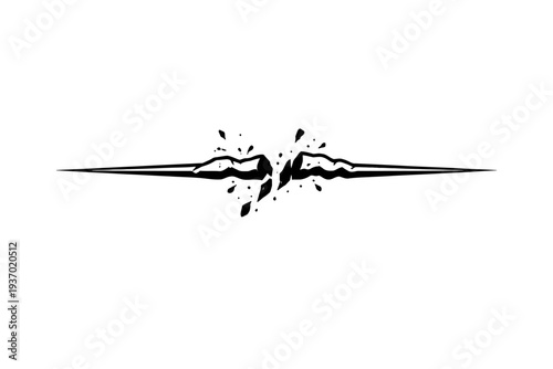Black vector horizontal line divider, dramatically shattered at its center with explosive fragments. Dynamic, modern graphic ornament provides a powerful visual break, ideal for edgy, grunge, impactfu