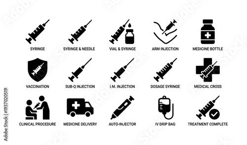 Medical icon set: syringes, injections, and healthcare symbols overview