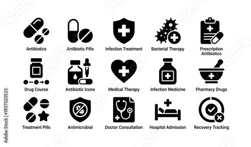 Medical treatment icons: antibiotics, infection therapy, pharmacy drugs, doctor consultation