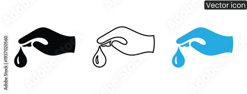 Versatile vector icons of hands releasing water droplets in black, white, and blue, perfect for designs related to water conservation, health, and eco-friendly themes