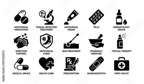 Antifungal medication and treatment icons for healthcare and skin therapy