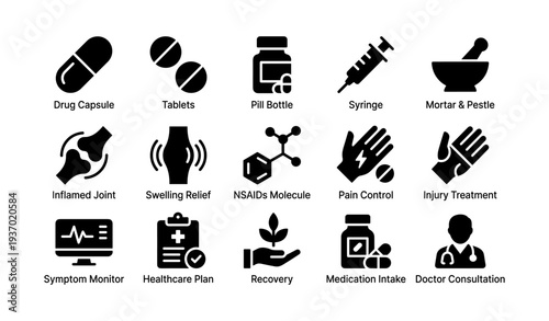 Healthcare icons: medication, treatment, pain management, recovery symbols