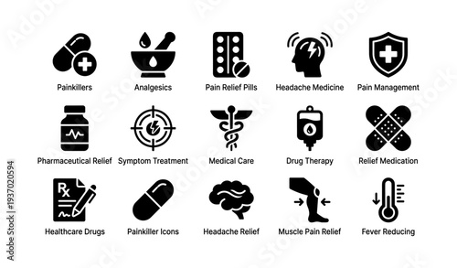 Medical icons: painkillers, symptom treatment, headache relief, drug therapy, healthcare