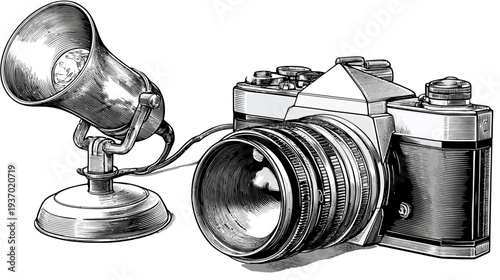 Vintage-style illustration of photography equipment.  A light, and camera are the focus