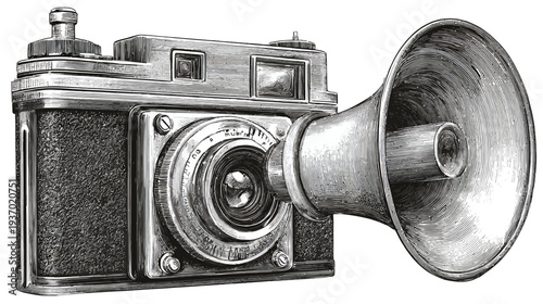 A vintage camera with a megaphone attached, in a detailed black and white illustration style