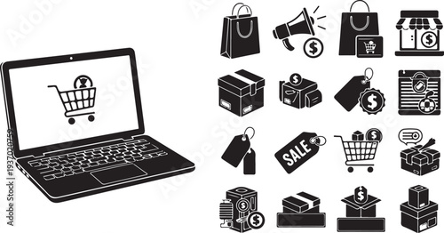 Online Shopping Icons and Laptop on White Background Illustration