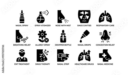 Nasal treatment icons: congestion, allergy, sinus, respiratory relief symbols