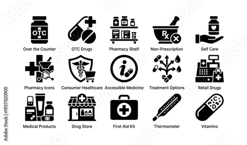 Pharmacy icons collection: otc, consumer healthcare, treatment options, medical products
