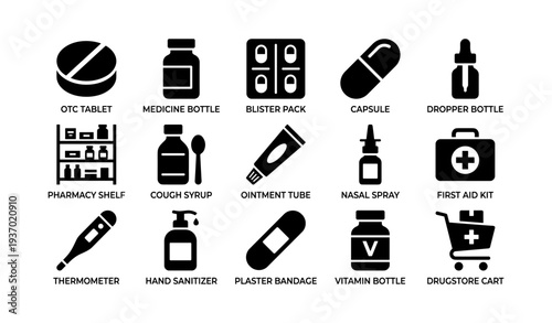 Healthcare icons: medication, first aid, and pharmacy essentials illustrations
