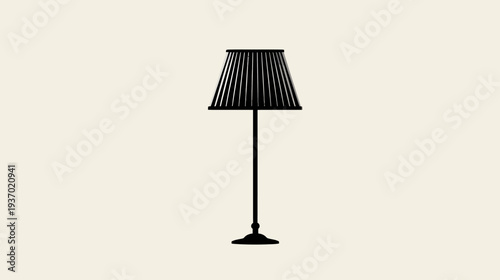 A black, minimalist floor lamp with a pleated shade against a soft beige backdrop