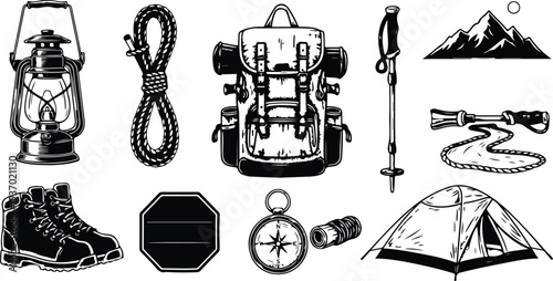 Camping and hiking equipment illustration set in black and white