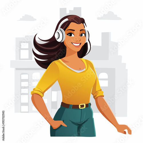 Woman wearing headphones smiling in city background