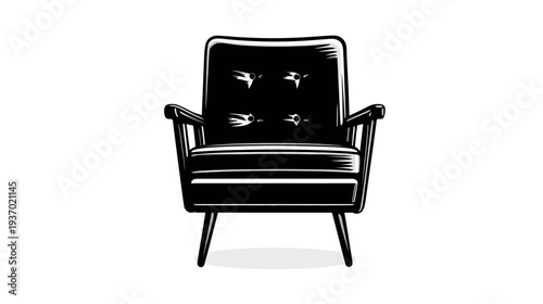 A black and white illustration of a retro armchair with four decorative buttons on the backrest