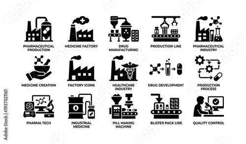 Pharmaceutical manufacturing icons: medicine production, drug development, quality control
