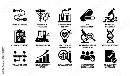 Scientific research and development icons: medicine, laboratory, innovation, testing, approval