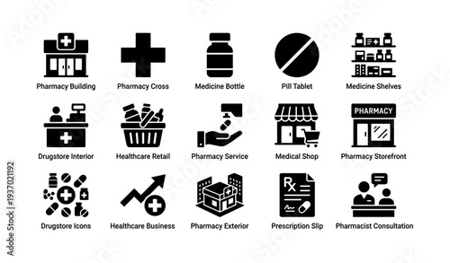 Healthcare icons: pharmacy, medicine, retail, drugstore, consultation