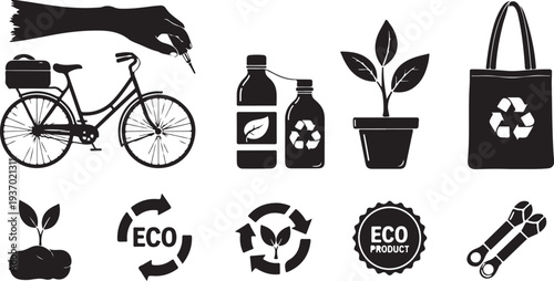 Eco Friendly Living Icons and Sustainable Symbols Illustration Set