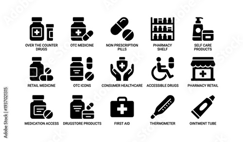 Healthcare icons: medicine, pharmacy, accessibility, first aid, self-care products