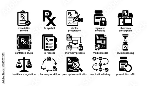 Prescription icons set: rx symbol, pharmacy, medication, healthcare, regulation